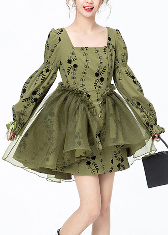 Beautiful Green Square Collar Print Tulle Patchwork Mid Dresses Long Sleeve LY0805