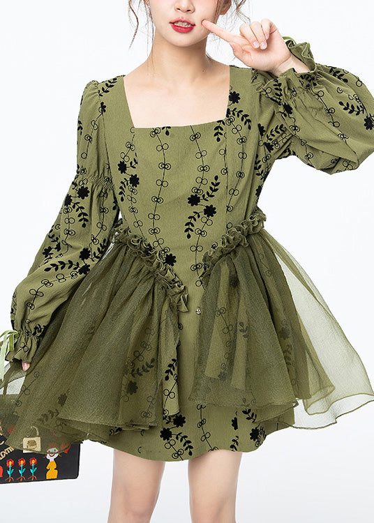 Beautiful Green Square Collar Print Tulle Patchwork Mid Dresses Long Sleeve LY0805