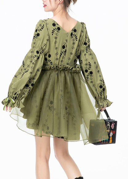 Beautiful Green Square Collar Print Tulle Patchwork Mid Dresses Long Sleeve LY0805