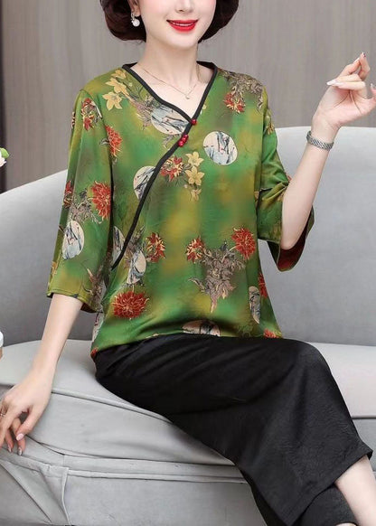 Beautiful Green V Neck Print Button Silk Tops Summer TI1003