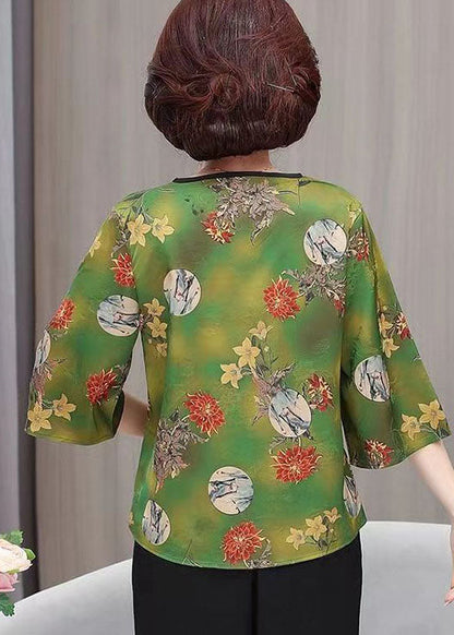 Beautiful Green V Neck Print Button Silk Tops Summer TI1003