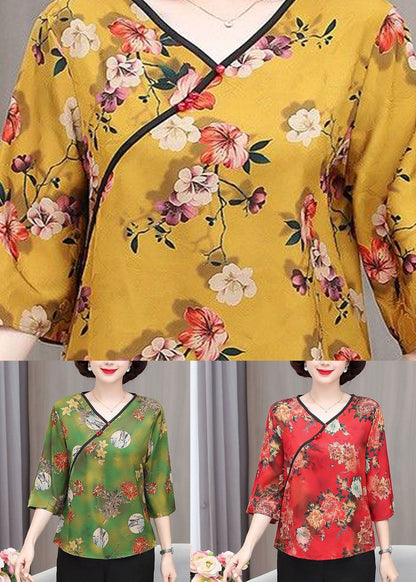 Beautiful Green V Neck Print Button Silk Tops Summer TI1003