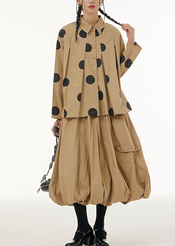 Beautiful Khaki Peter Pan Collar Dot Print Patchwork Cotton Shirt Spring LY1169