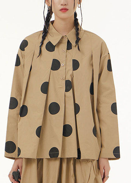 Beautiful Khaki Peter Pan Collar Dot Print Patchwork Cotton Shirt Spring LY1169