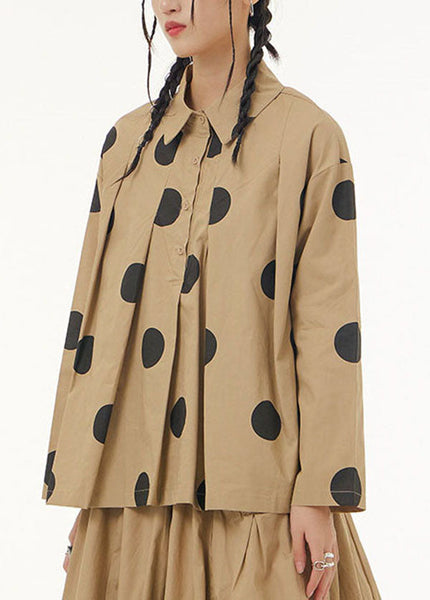 Beautiful Khaki Peter Pan Collar Dot Print Patchwork Cotton Shirt Spring LY1169