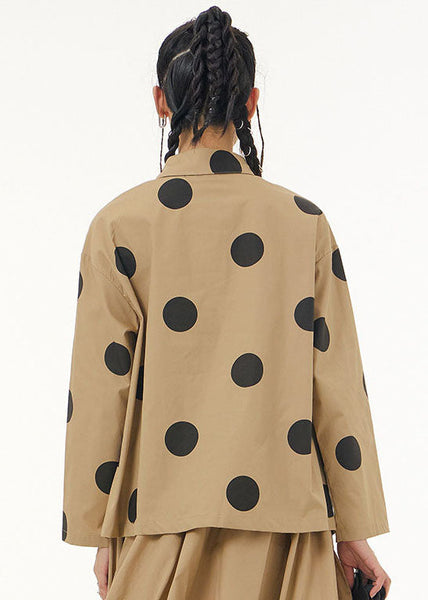 Beautiful Khaki Peter Pan Collar Dot Print Patchwork Cotton Shirt Spring LY1169
