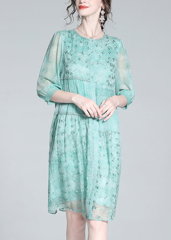 Beautiful Light Green O-Neck Embroideried Button Long Dresses Summer LT1035