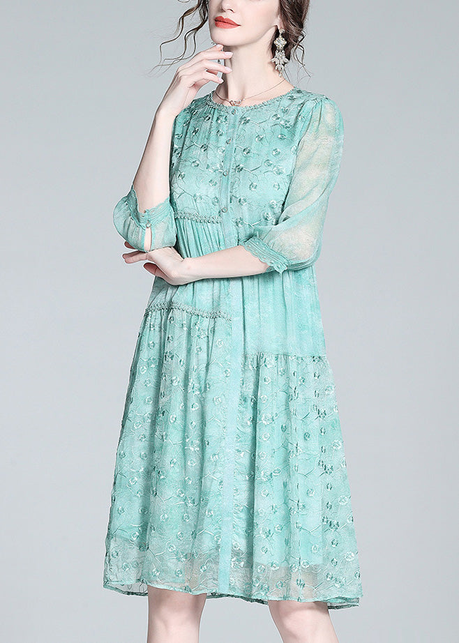 Beautiful Light Green O-Neck Embroideried Button Long Dresses Summer LT1035