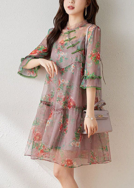 Magnifique robe orientale en tulle imprimé boutons chinois à volants violet clair, collection été FR2027