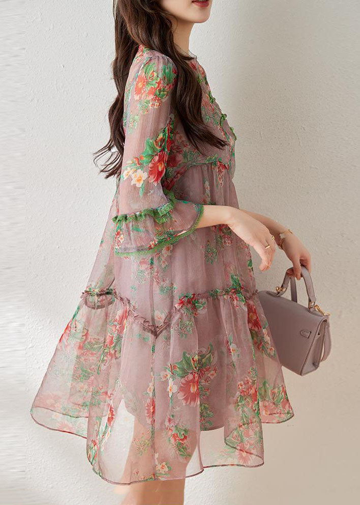 Beautiful Light Purple Ruffled Chinese Button Print Tulle Oriental Dresses Summer FR2027