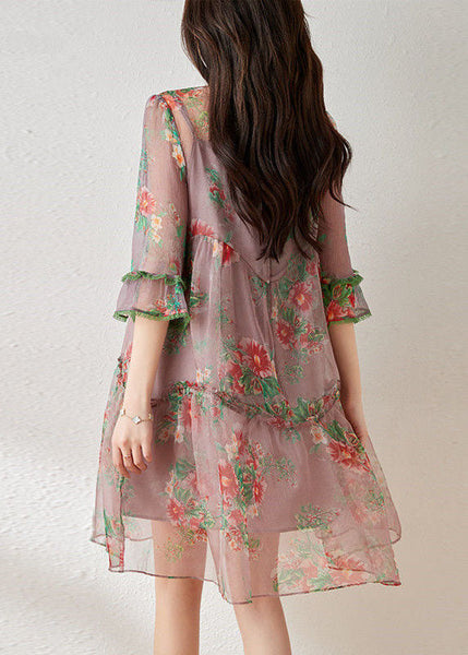 Magnifique robe orientale en tulle imprimé boutons chinois à volants violet clair, collection été FR2027