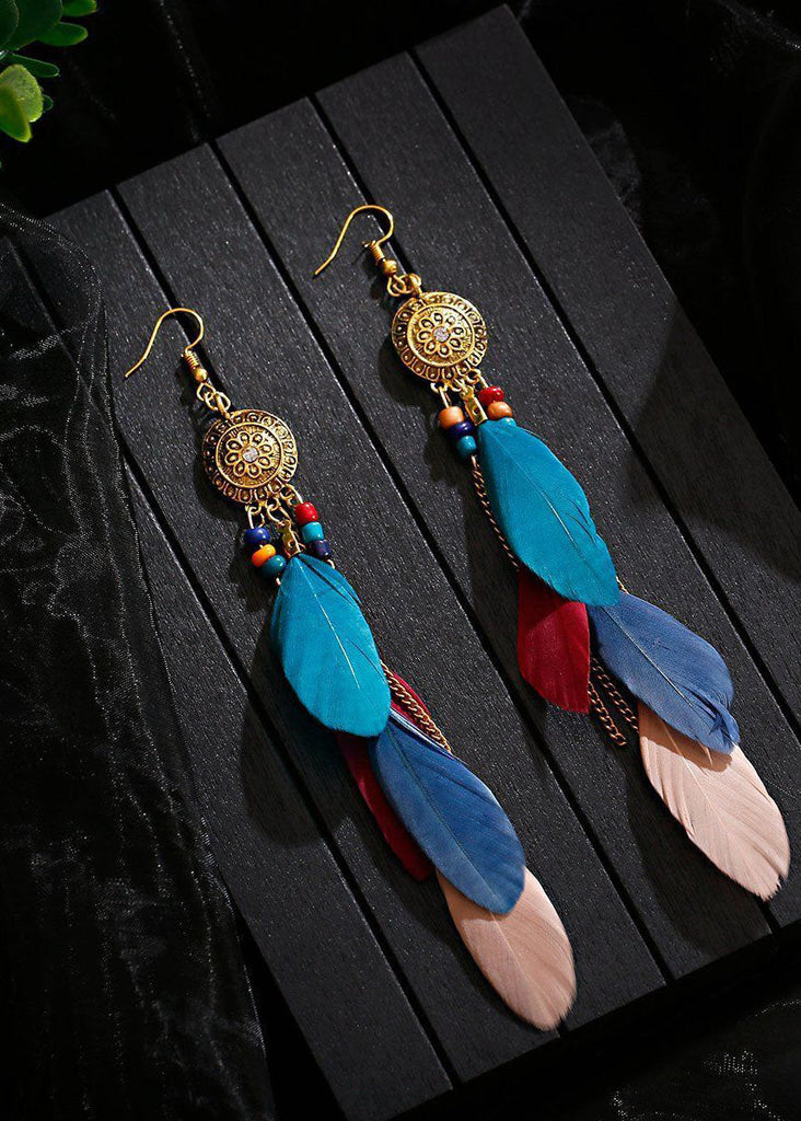 Beautiful Multicolour Feather Tassel Metal Drop Earrings HE1028