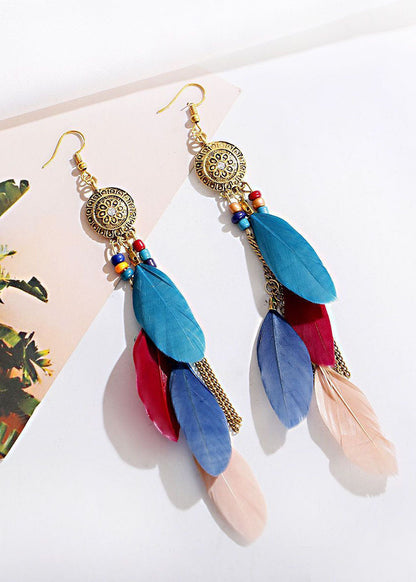 Beautiful Multicolour Feather Tassel Metal Drop Earrings HE1028