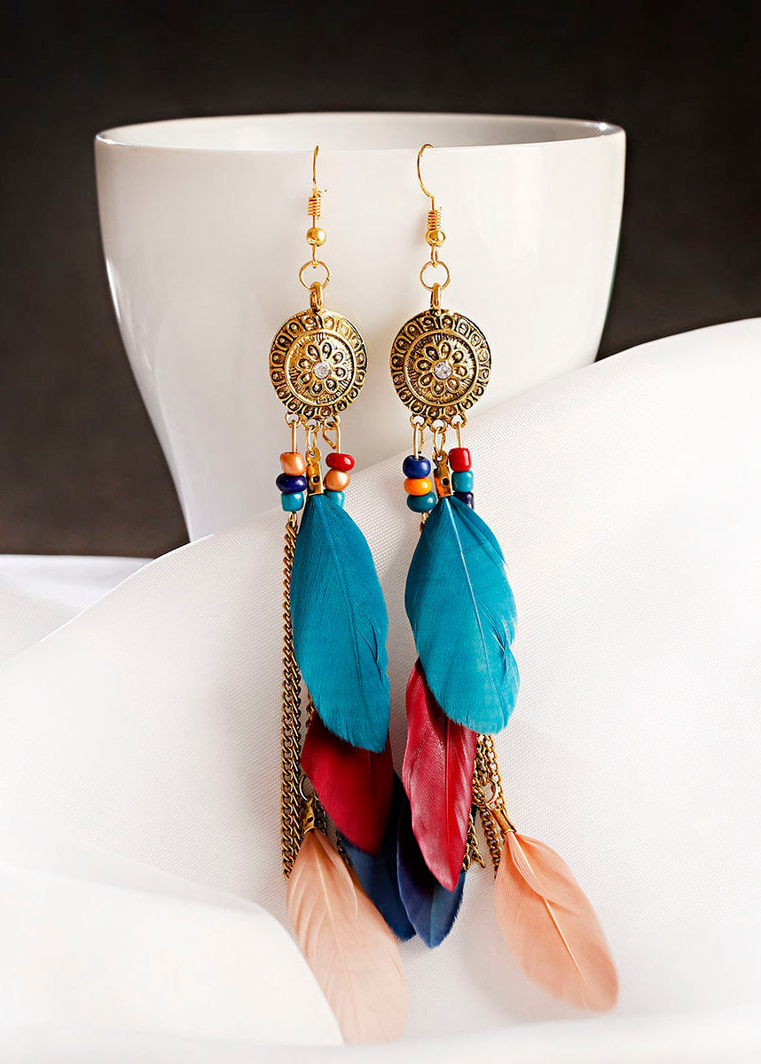 Beautiful Multicolour Feather Tassel Metal Drop Earrings HE1028