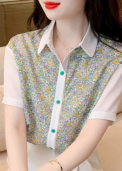 Beautiful Peter Pan Collar Print Button Chiffon Shirt Short Sleeve LY0362