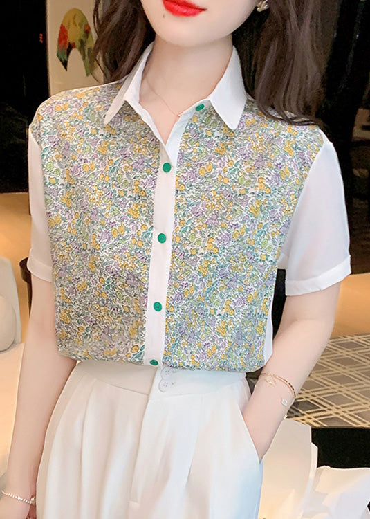 Beautiful Peter Pan Collar Print Button Chiffon Shirt Short Sleeve LY0362