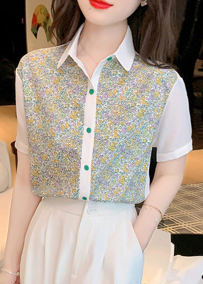 Beautiful Peter Pan Collar Print Button Chiffon Shirt Short Sleeve LY0362