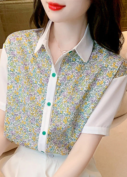 Beautiful Peter Pan Collar Print Button Chiffon Shirt Short Sleeve LY0362
