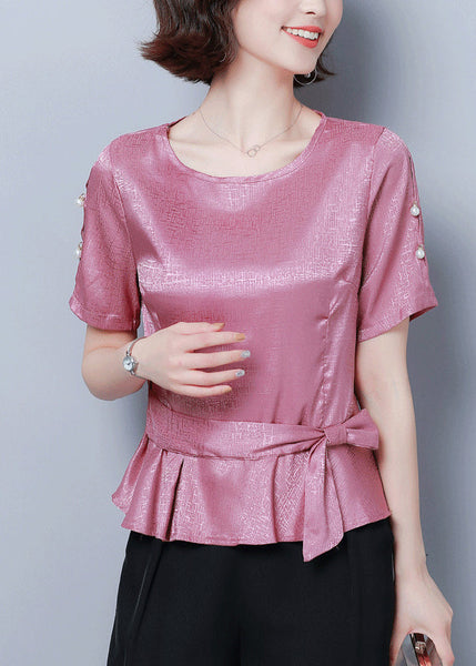Magnifique chemise d'été en soie rose à col rond et taille cintrée LY0424