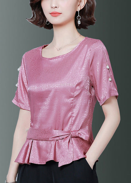 Magnifique chemise d'été en soie rose à col rond et taille cintrée LY0424