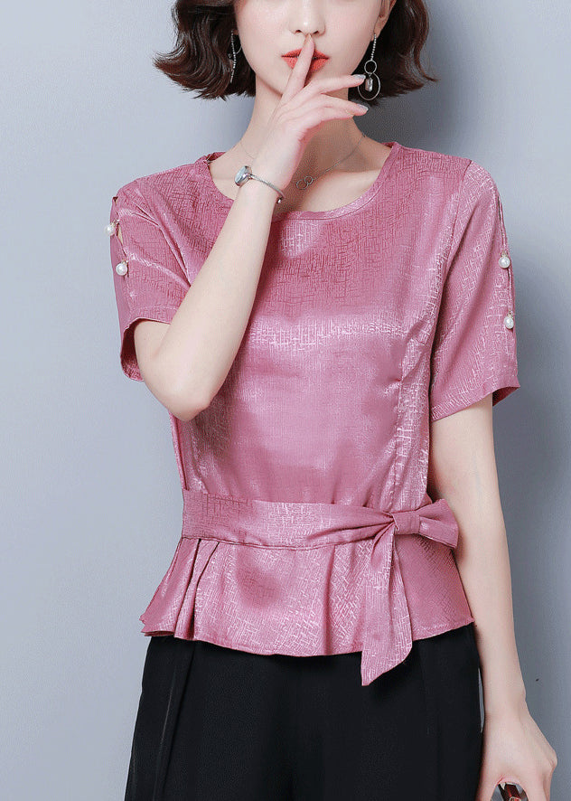 Beautiful Pink O-Neck Cinched Silk Shirt Summer LY0424