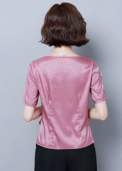 Beautiful Pink O-Neck Cinched Silk Shirt Summer LY0424