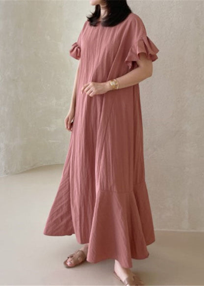 Beautiful Pink O-Neck Ruffled Patchwork Cotton Dresses Summer LC0458