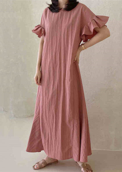 Beautiful Pink O-Neck Ruffled Patchwork Cotton Dresses Summer LC0458