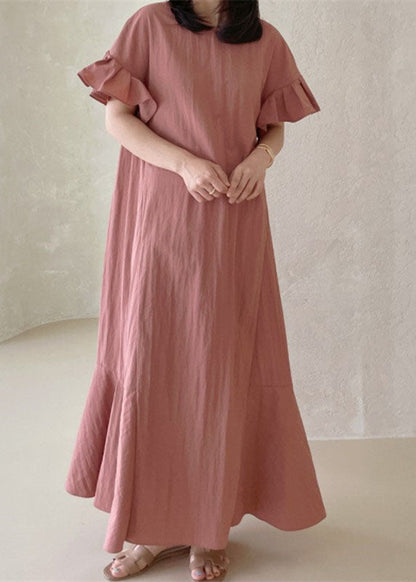 Beautiful Pink O-Neck Ruffled Patchwork Cotton Dresses Summer LC0458