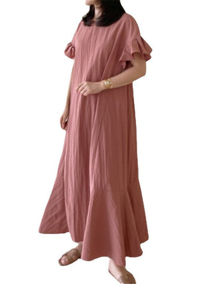 Beautiful Pink O-Neck Ruffled Patchwork Cotton Dresses Summer LC0458