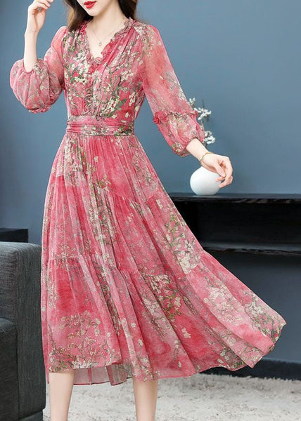 Robe d'été en soie patchwork imprimée à volants et fronces, rose magnifique TI1011