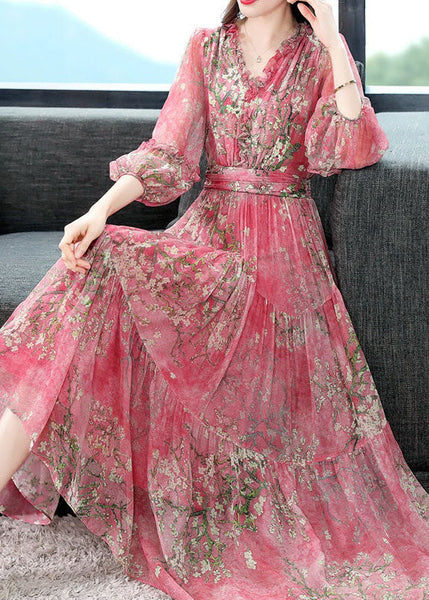 Robe d'été en soie patchwork imprimée à volants et fronces, rose magnifique TI1011
