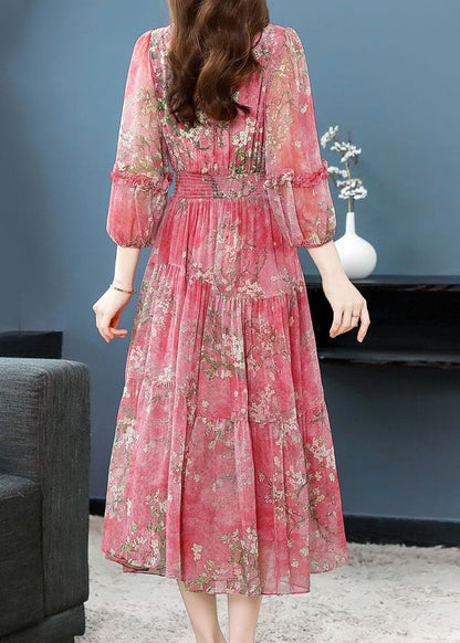 Beautiful Pink Ruffled Wrinkled Print Patchwork Silk Dress Summer TI1011