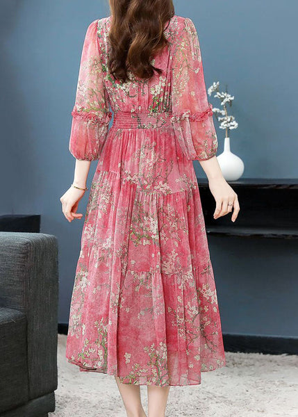 Robe d'été en soie patchwork imprimée à volants et fronces, rose magnifique TI1011