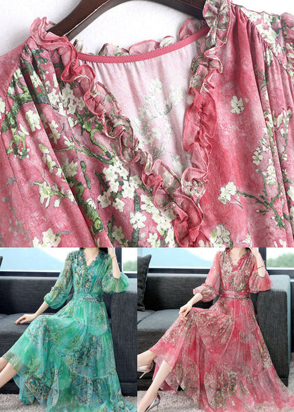 Robe d'été en soie patchwork imprimée à volants et fronces, rose magnifique TI1011