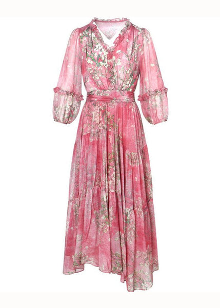 Robe d'été en soie patchwork imprimée à volants et fronces, rose magnifique TI1011