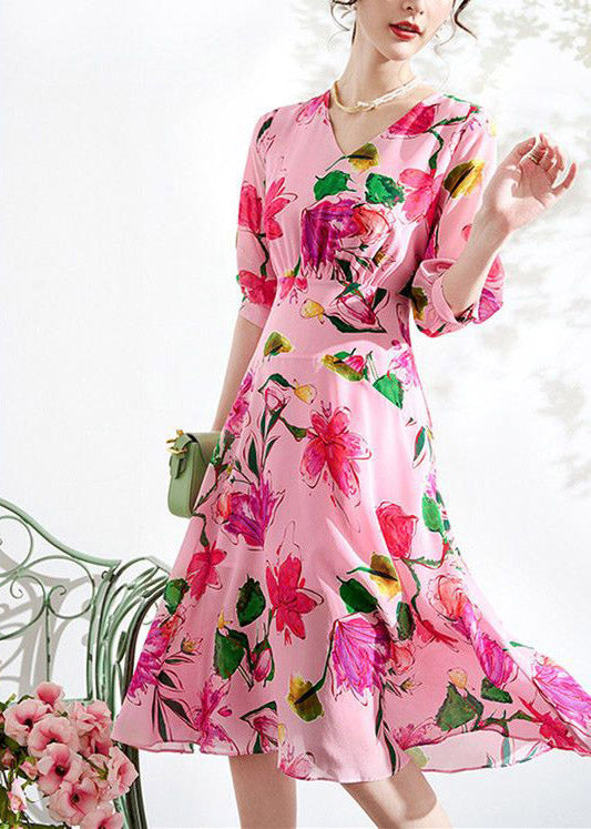 Beautiful Pink V Neck Print Tunic Chiffon Long Dresses Summer LY1519