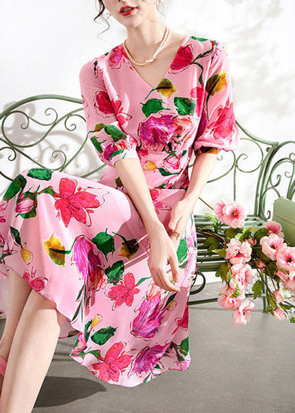 Beautiful Pink V Neck Print Tunic Chiffon Long Dresses Summer LY1519