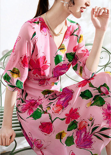 Beautiful Pink V Neck Print Tunic Chiffon Long Dresses Summer LY1519