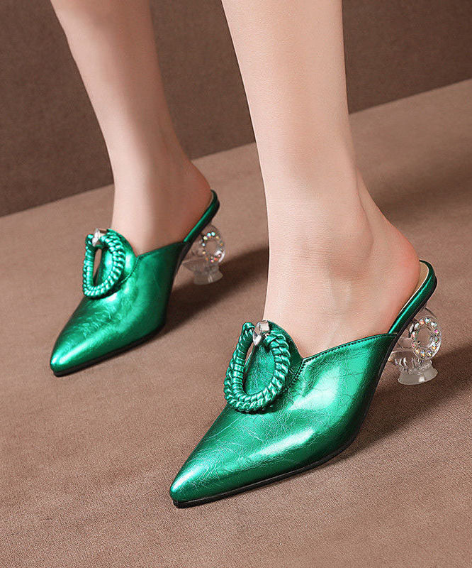 Beautiful Pointed Toe Chunky Clear Heels Green Cowhide Leather Slide Sandals LC0166