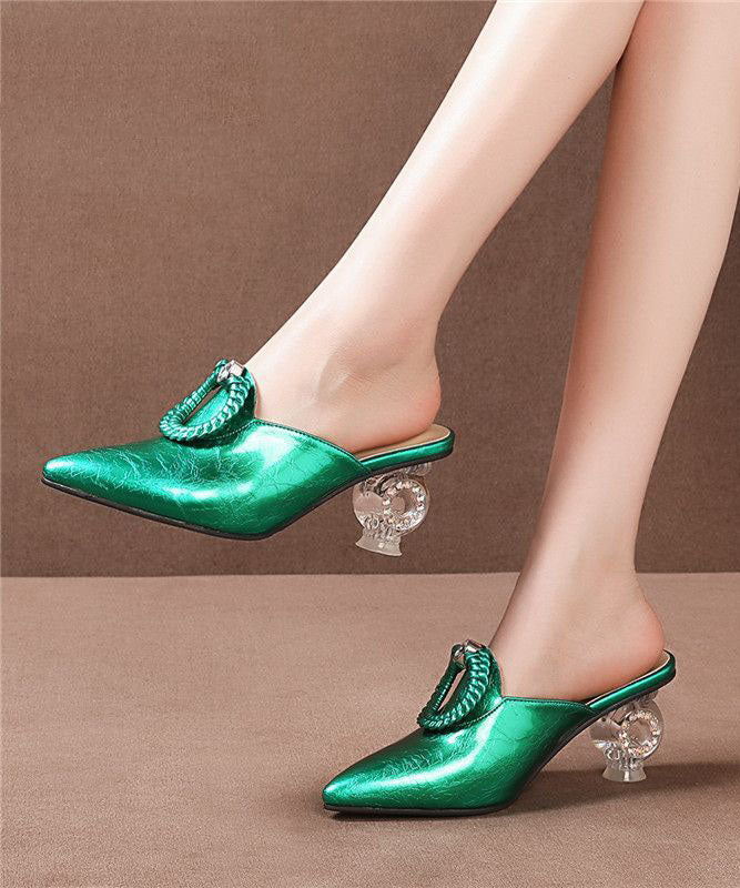 Beautiful Pointed Toe Chunky Clear Heels Green Cowhide Leather Slide Sandals LC0166