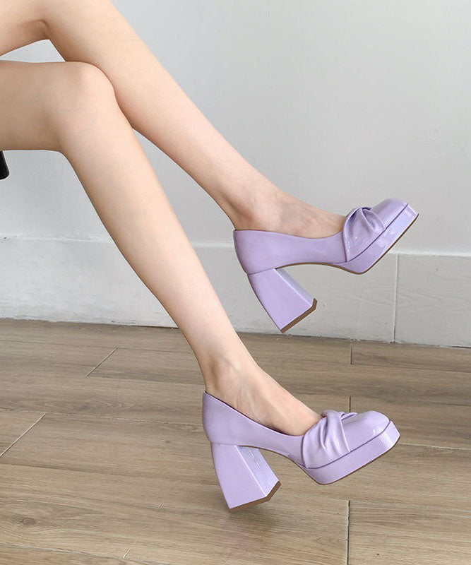 Beautiful Purple Cowhide Leather Splicing Chunky High Heels LY1758