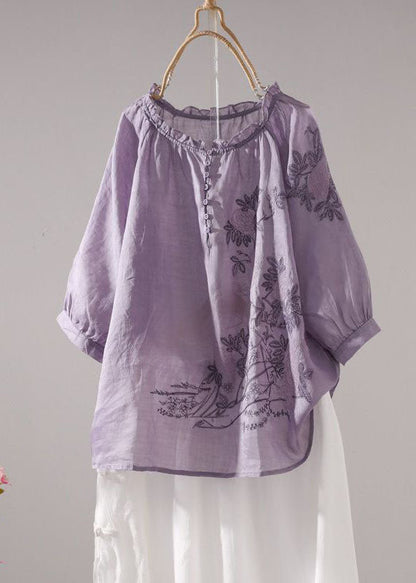 Beautiful Purple Embroideried Patchwork Linen T Shirt Top Summer LY0616