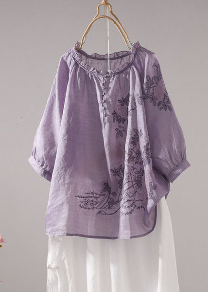 Magnifique T-shirt d'été en lin patchwork brodé violet LY0616