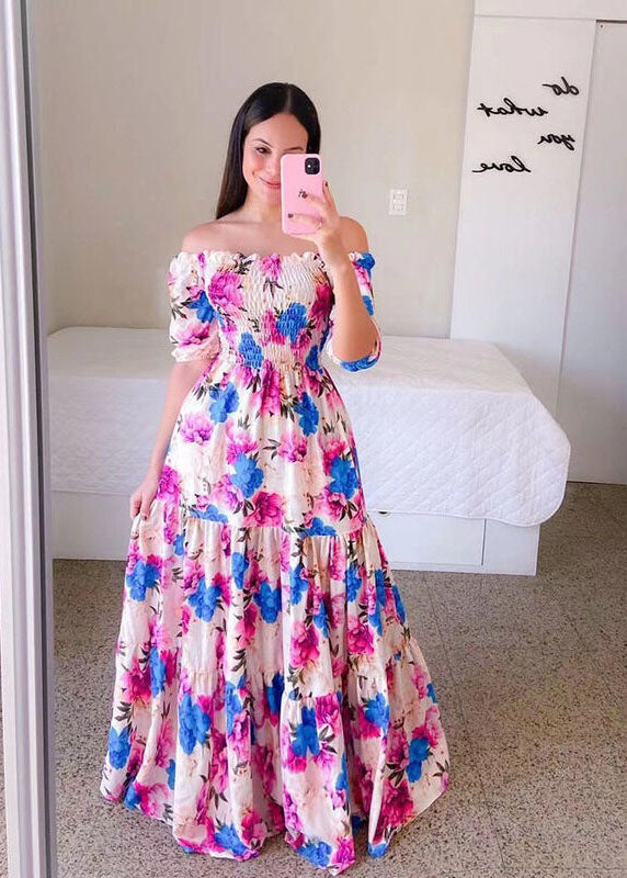 Beautiful Purple Off The Shoulder Wrinkled Print Patchwork Cotton Dress Summer LY1932