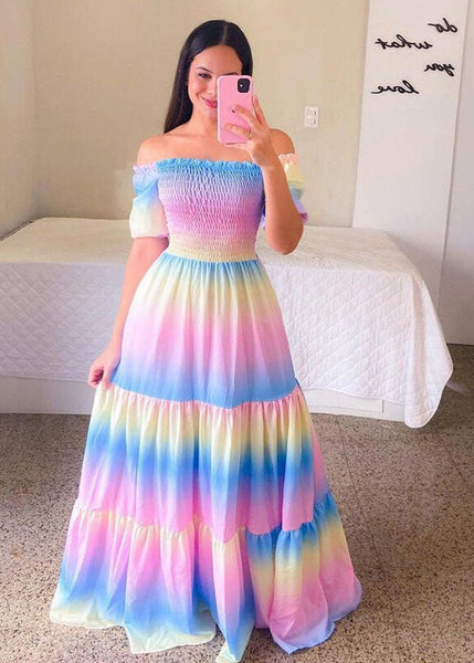 Beautiful Purple Off The Shoulder Wrinkled Print Patchwork Cotton Dress Summer LY1932