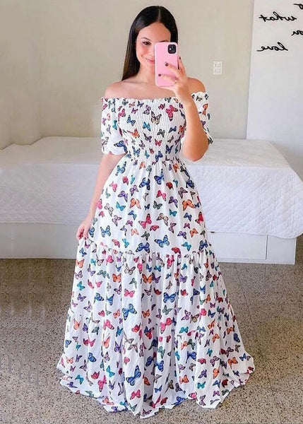 Beautiful Purple Off The Shoulder Wrinkled Print Patchwork Cotton Dress Summer LY1932