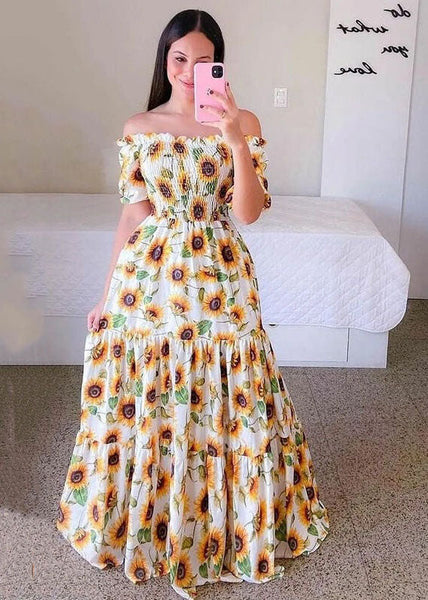 Beautiful Purple Off The Shoulder Wrinkled Print Patchwork Cotton Dress Summer LY1932