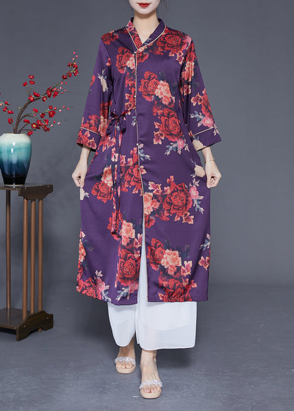 Beautiful Purple Print Lace Up Side Open Silk Long Dress Bracelet Sleeve LY1838