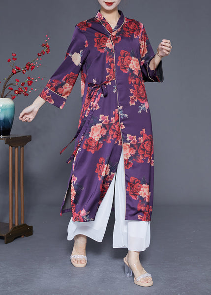 Beautiful Purple Print Lace Up Side Open Silk Long Dress Bracelet Sleeve LY1838